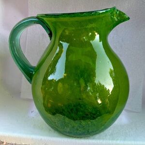 Vintage Mexican Hand Blown shades of Green Glass Pitcher ≈11” tall